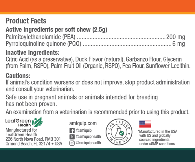 Amiquip™ Soft Chews for Dogs (PQQ 6 mg + PEA 200 mg) | 90+ Day Supply